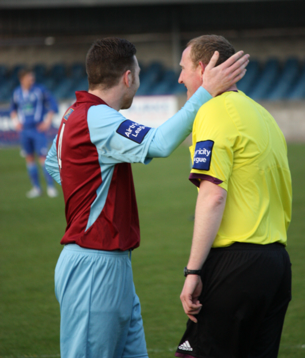 Ramblers defender Brian Fitzgerald has a friendly word with Ref Andrew Mullally