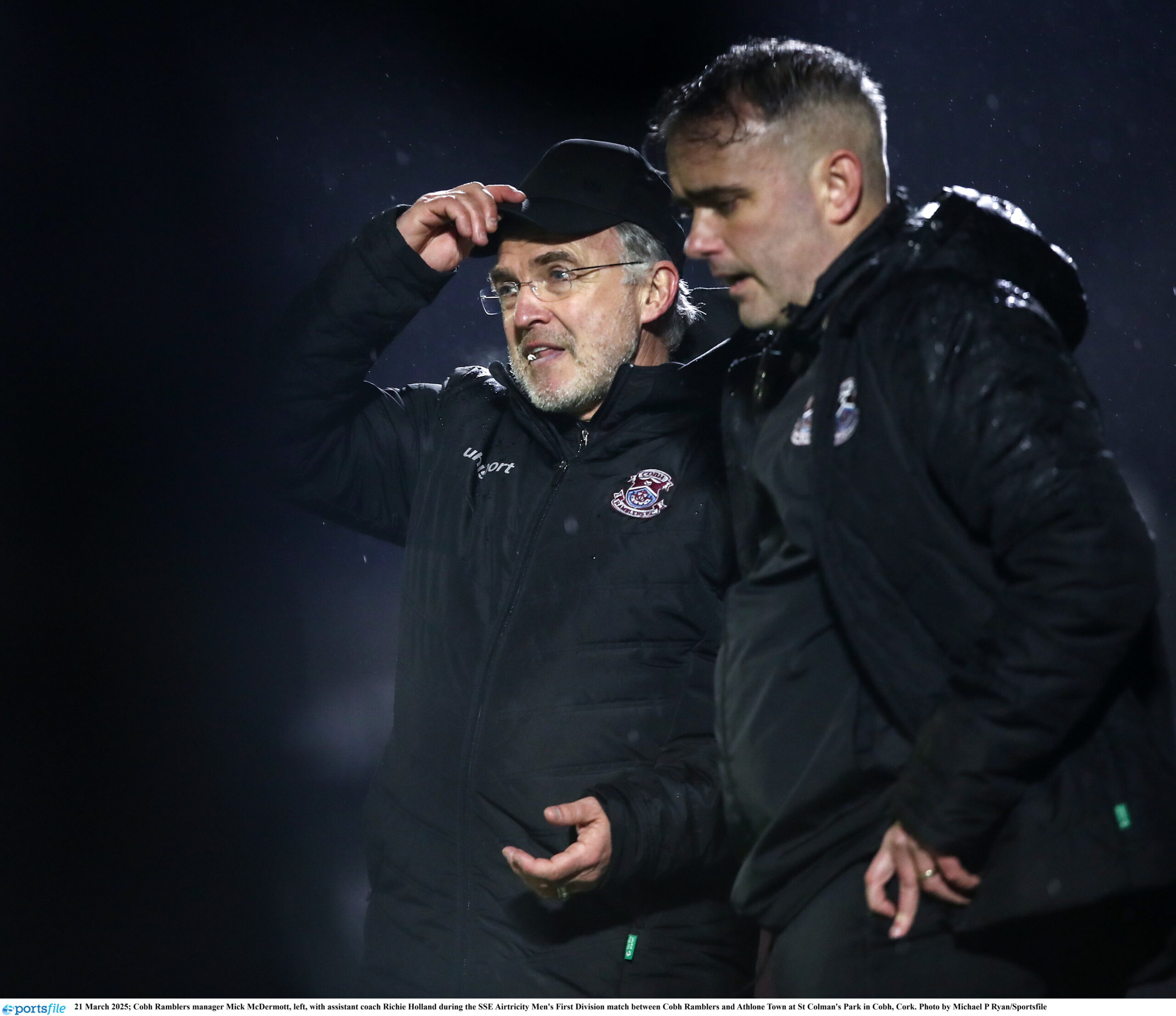 21 March 2025; Cobh Ramblers manager Mick McDermott, left, with assistant coach Richie Holland during the SSE Airtricity Men's First Division match between Cobh Ramblers and Athlone Town at St Colman's Park in Cobh, Cork. Photo by Michael P Ryan/Sportsfile