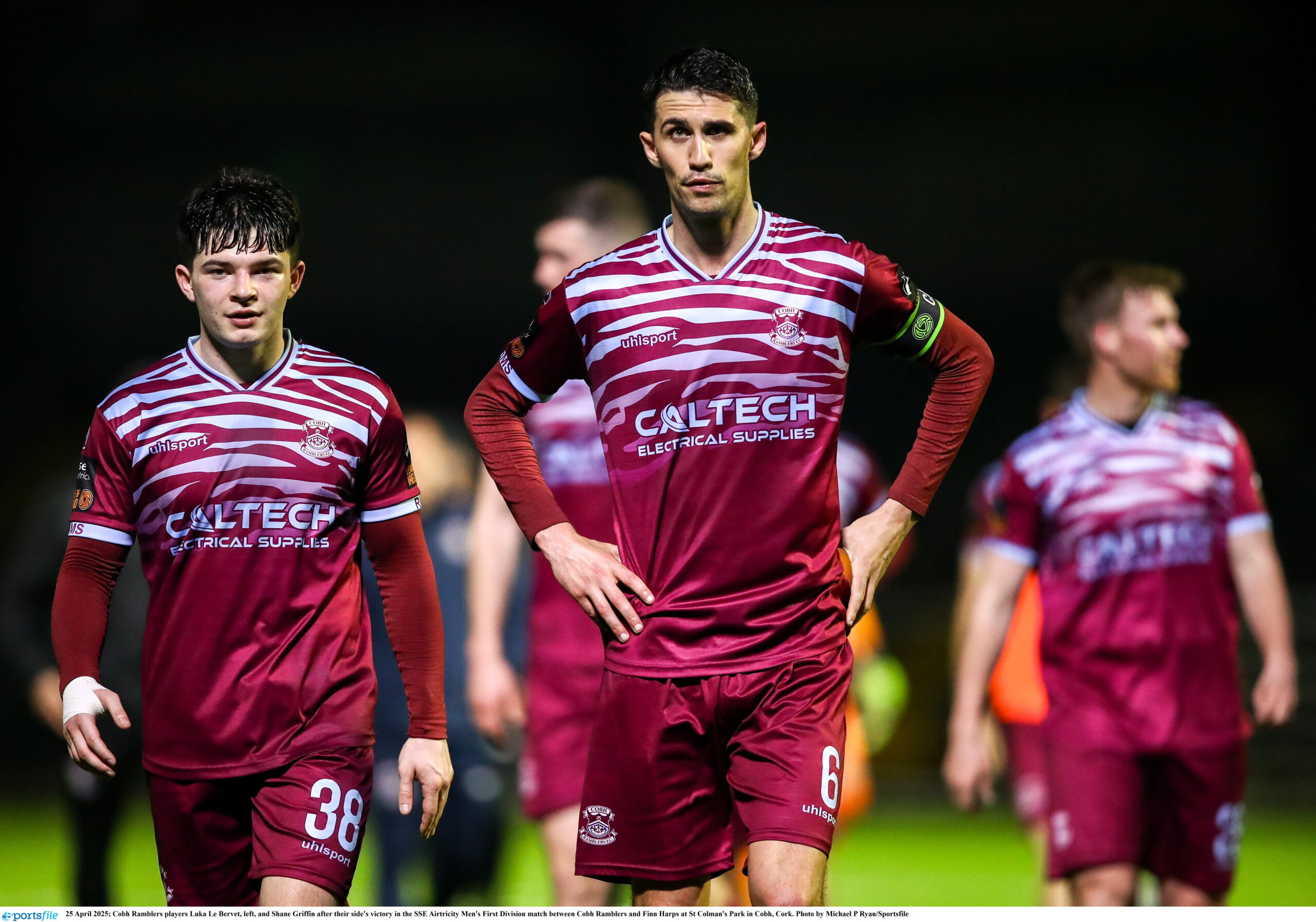 25 April 2025; Cobh Ramblers players Luka Le Bervet, left, and Shane Griffin after their side's victory in the SSE Airtricity Men's First Division match between Cobh Ramblers and Finn Harps at St Colman's Park in Cobh, Cork. Photo by Michael P Ryan/Sportsfile