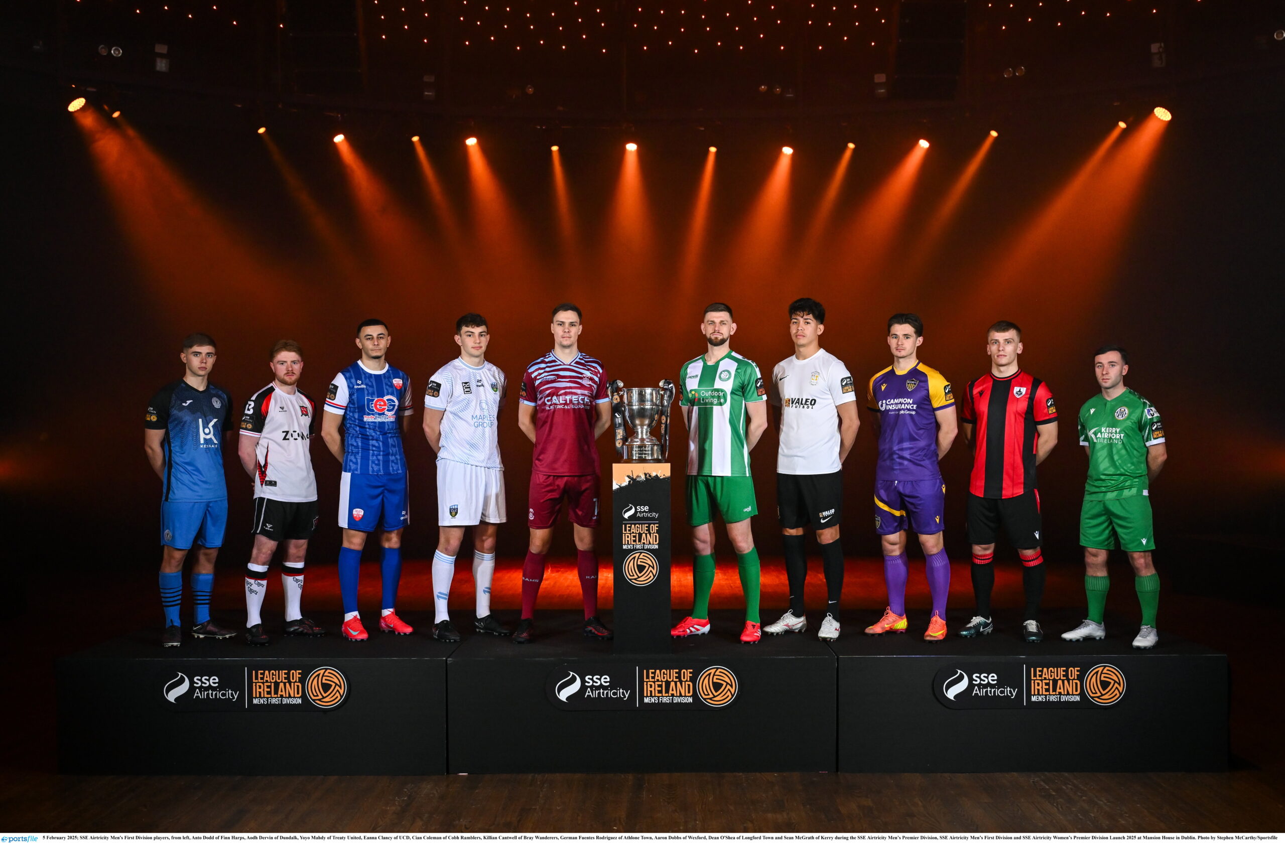 5 February 2025; SSE Airtricity Men's First Division players, from left, Anto Dodd of Finn Harps, Aodh Dervin of Dundalk, Yoyo Mahdy of Treaty United, Eanna Clancy of UCD, Cian Coleman of Cobh Ramblers, Killian Cantwell of Bray Wanderers, German Fuentes Rodriguez of Athlone Town, Aaron Dobbs of Wexford, Dean O'Shea of Longford Town and Sean McGrath of Kerry during the SSE Airtricity Mens Premier Division, SSE Airtricity Mens First Division and SSE Airtricity Womens Premier Division Launch 2025 at Mansion House in Dublin. Photo by Stephen McCarthy/Sportsfile