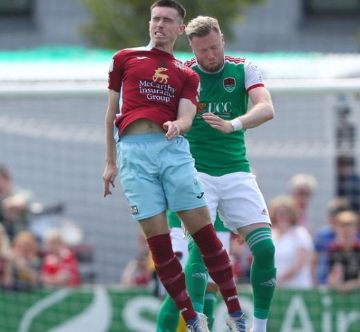31 July 2022; James O'Leary of Cobh Ramblers in action against Kevin O'Connor of Cork City during the Extra.ie FAI Cup First Round match between Cobh Ramblers and Cork City at St Colman's Park in Cobh, Cork. Photo by Michael P Ryan/Sportsfile